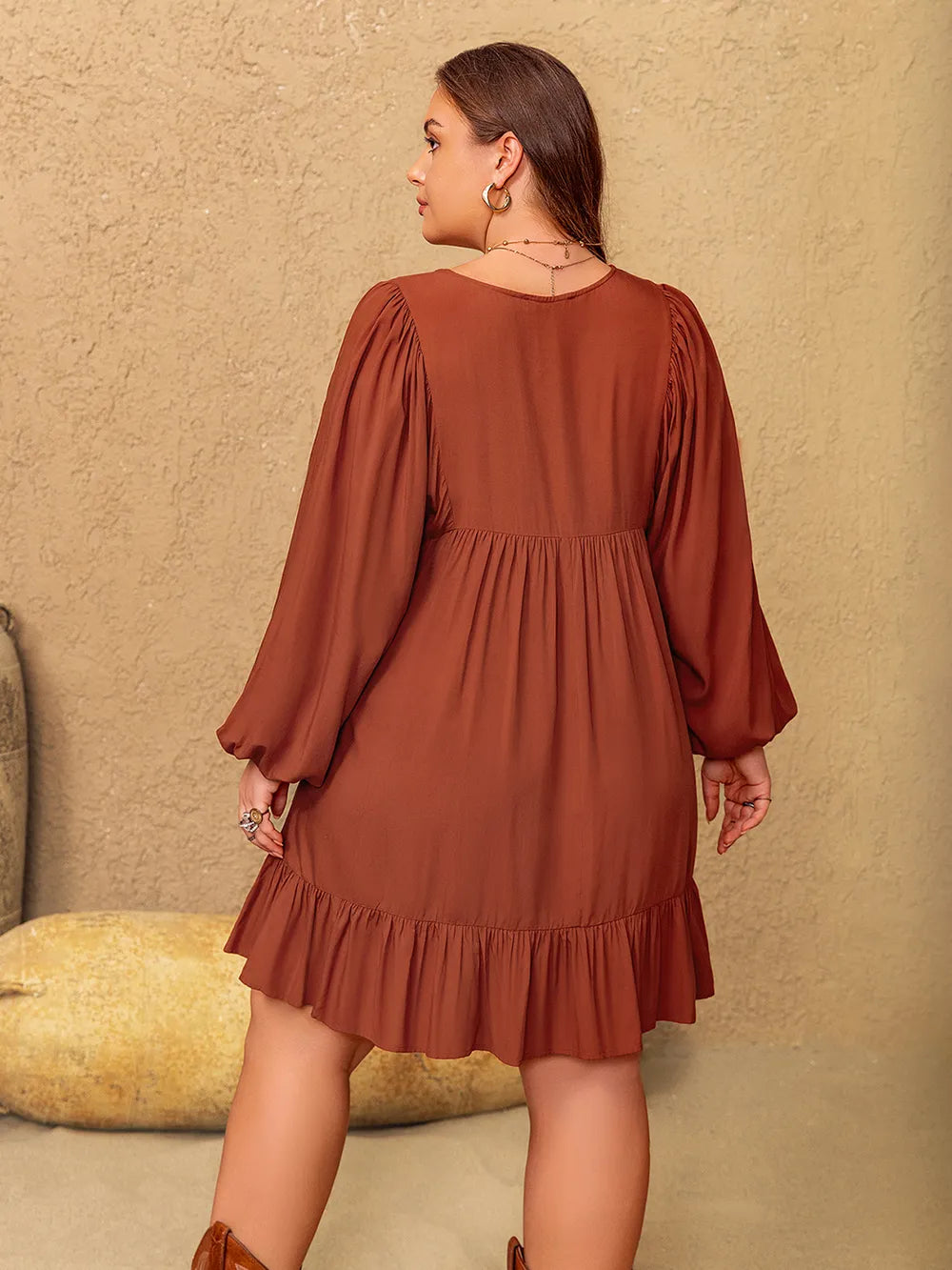 Plus Size Embroidered Tie Neck Balloon Sleeve Mini Dress - LoveNest Treasures