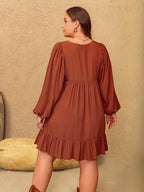 Plus Size Embroidered Tie Neck Balloon Sleeve Mini Dress - LoveNest Treasures