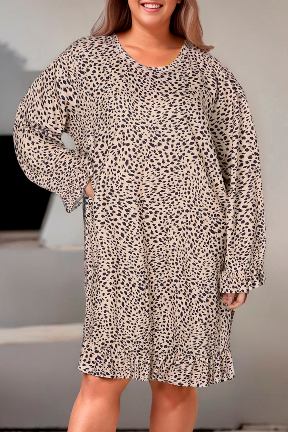 Plus Size Leopard Print Long Sleeve Mini Dress - LoveNest Treasures