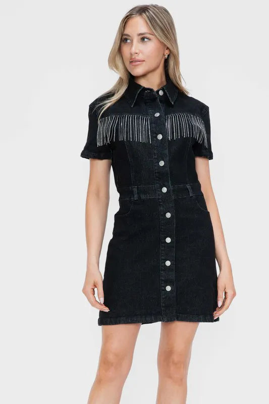 Full Size Embellished Button Down Short Sleeve Denim Dress - LoveNest Treasures