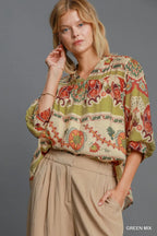 Umgee Full Size Border Print Notched 3/4 Puff Sleeve Blouse Plus Size - LoveNest Treasures