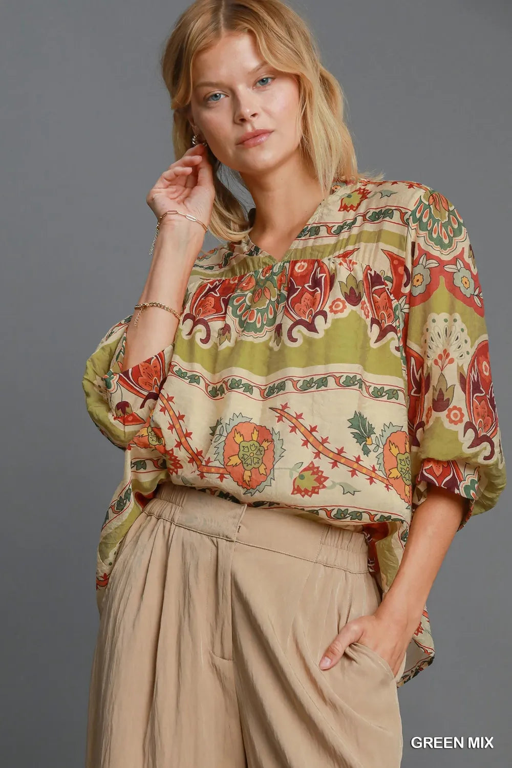 Umgee Full Size Border Print Notched 3/4 Puff Sleeve Blouse Plus Size - LoveNest Treasures