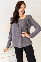 Double Take Square Neck Ruffle Shoulder Long Sleeve T-Shirt - LoveNest Treasures