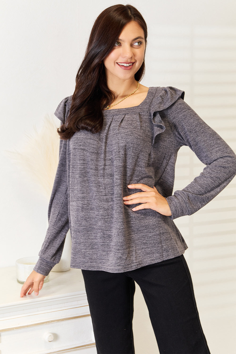 Double Take Square Neck Ruffle Shoulder Long Sleeve T-Shirt - LoveNest Treasures