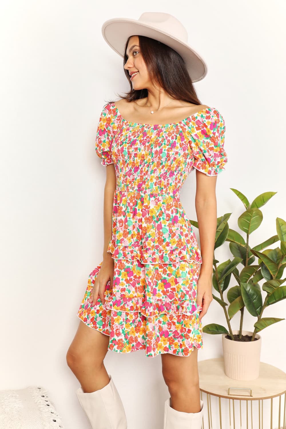 Devine Smocked Sweetheart Neck Flounce Sleeve Mini Dress - LoveNest Treasures