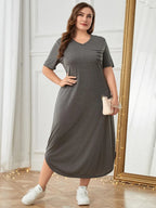 Plus Size Pocketed V-Neck Short Sleeve Lounge Dress - LoveNest Treasures