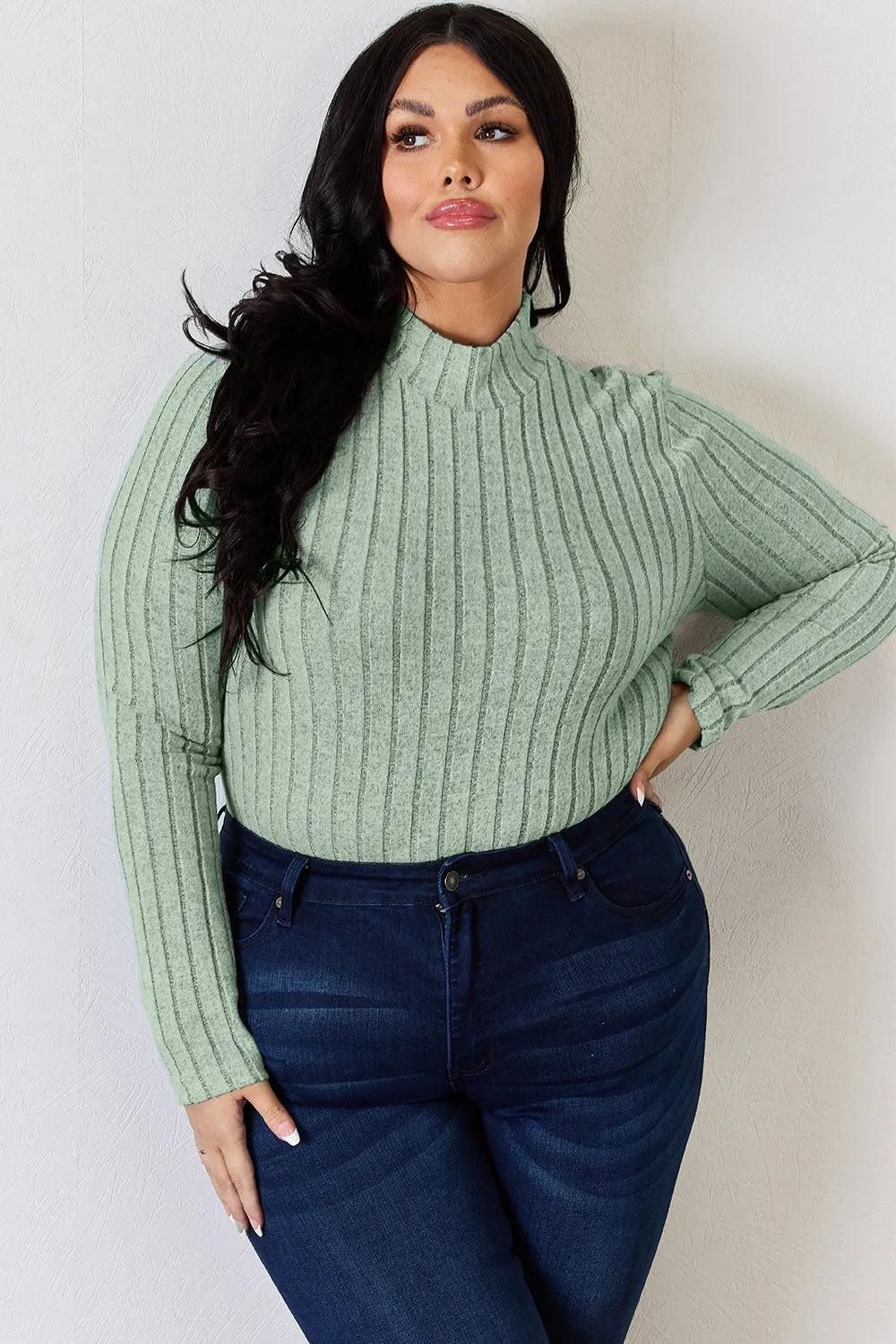 Basic Bae Full Size Ribbed Mock Neck Long Sleeve T-Shirt - LoveNest Treasures