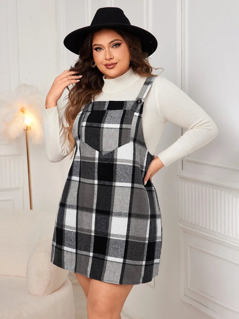 Honey Plus Size Plaid Wide Strap Overall Dress - LoveNest Treasures
