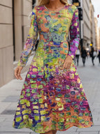 Plus Size Printed Round Neck Long Sleeve Dress - LoveNest Treasures