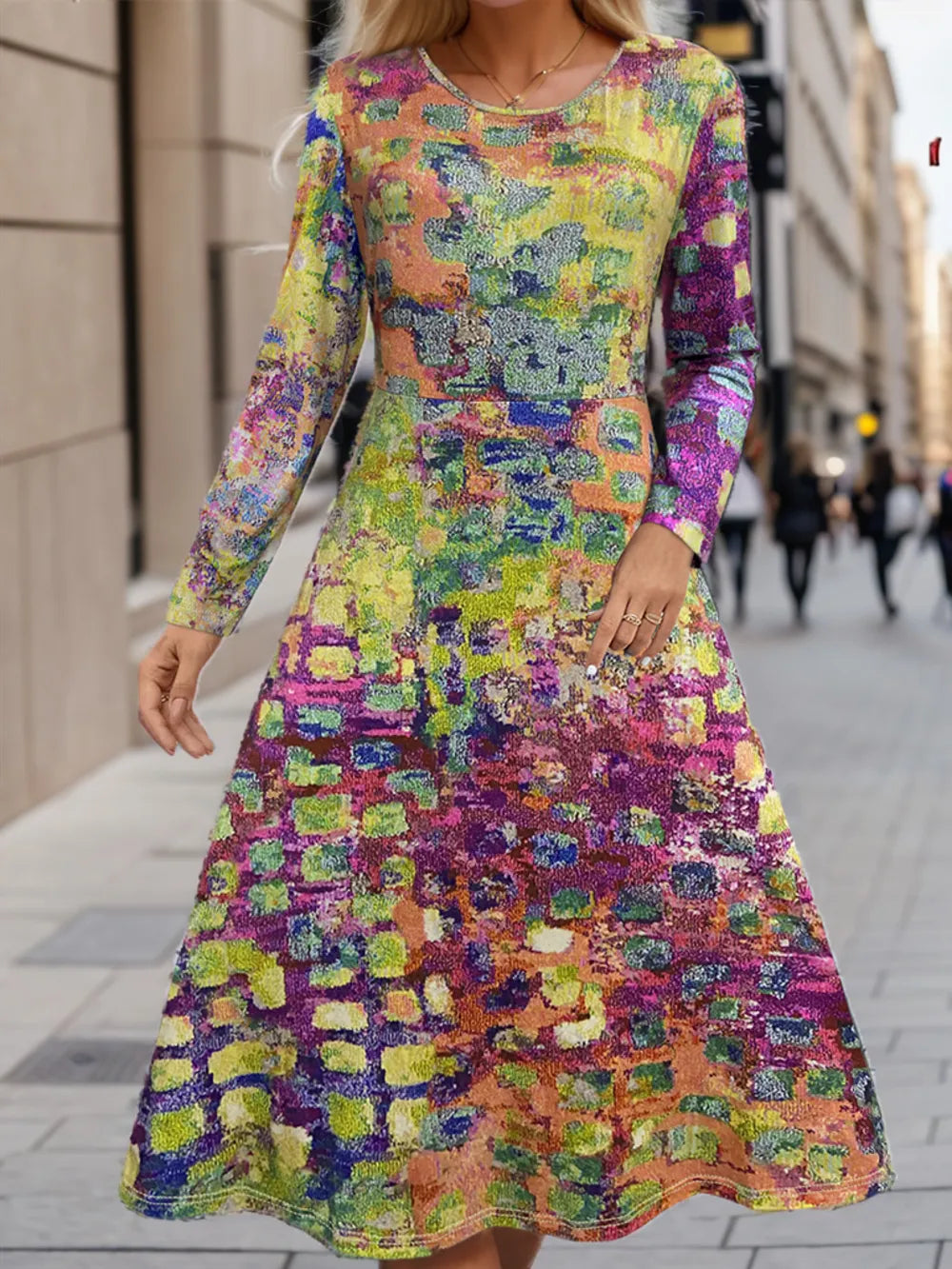 Plus Size Printed Round Neck Long Sleeve Dress - LoveNest Treasures