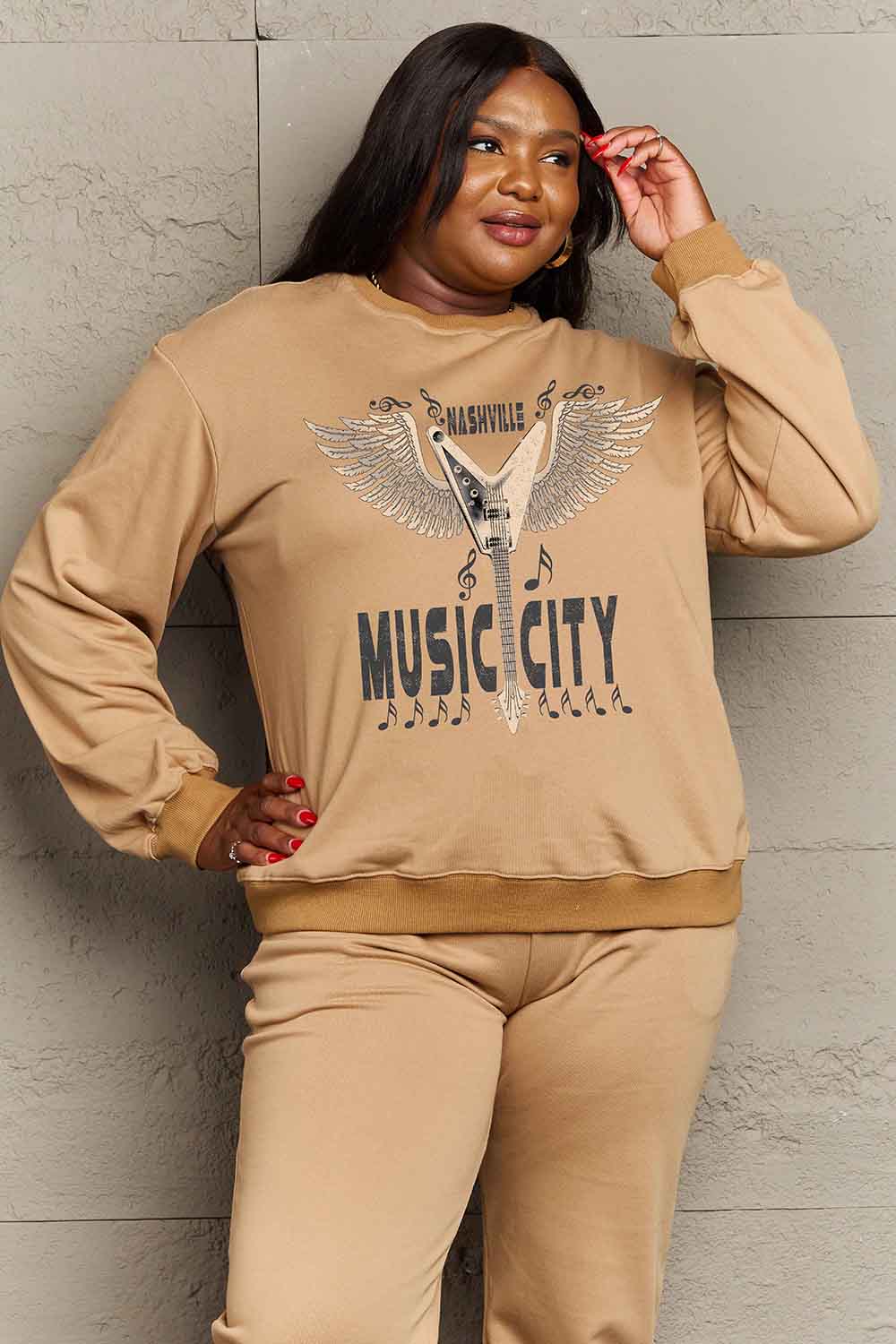 Simply Love Simply Love Full Size Round Neck Dropped Shoulder MUSIC CITY Graphic Sweatshirt - LoveNest Treasures
