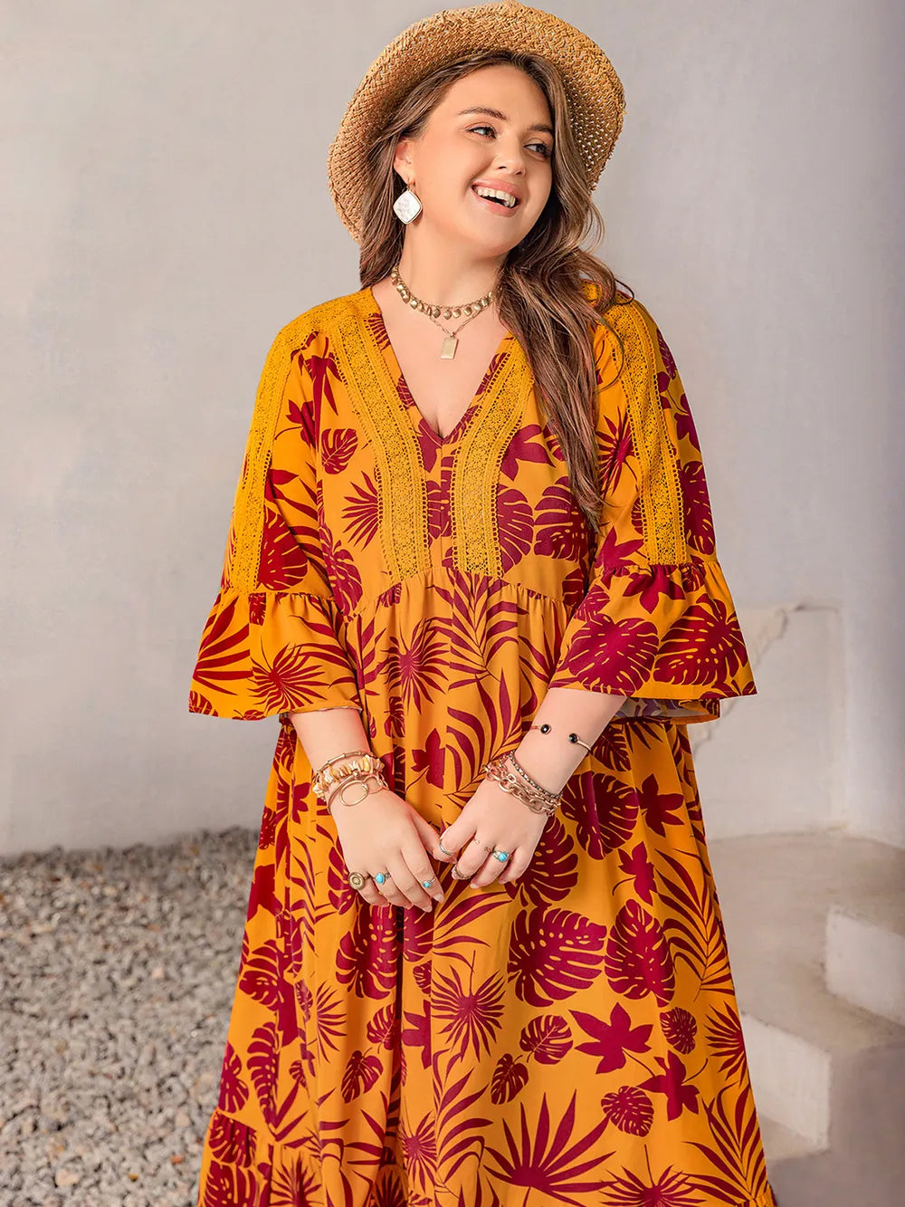 Plus Size Lace Detail Printed V-Neck Maxi Dress - LoveNest Treasures