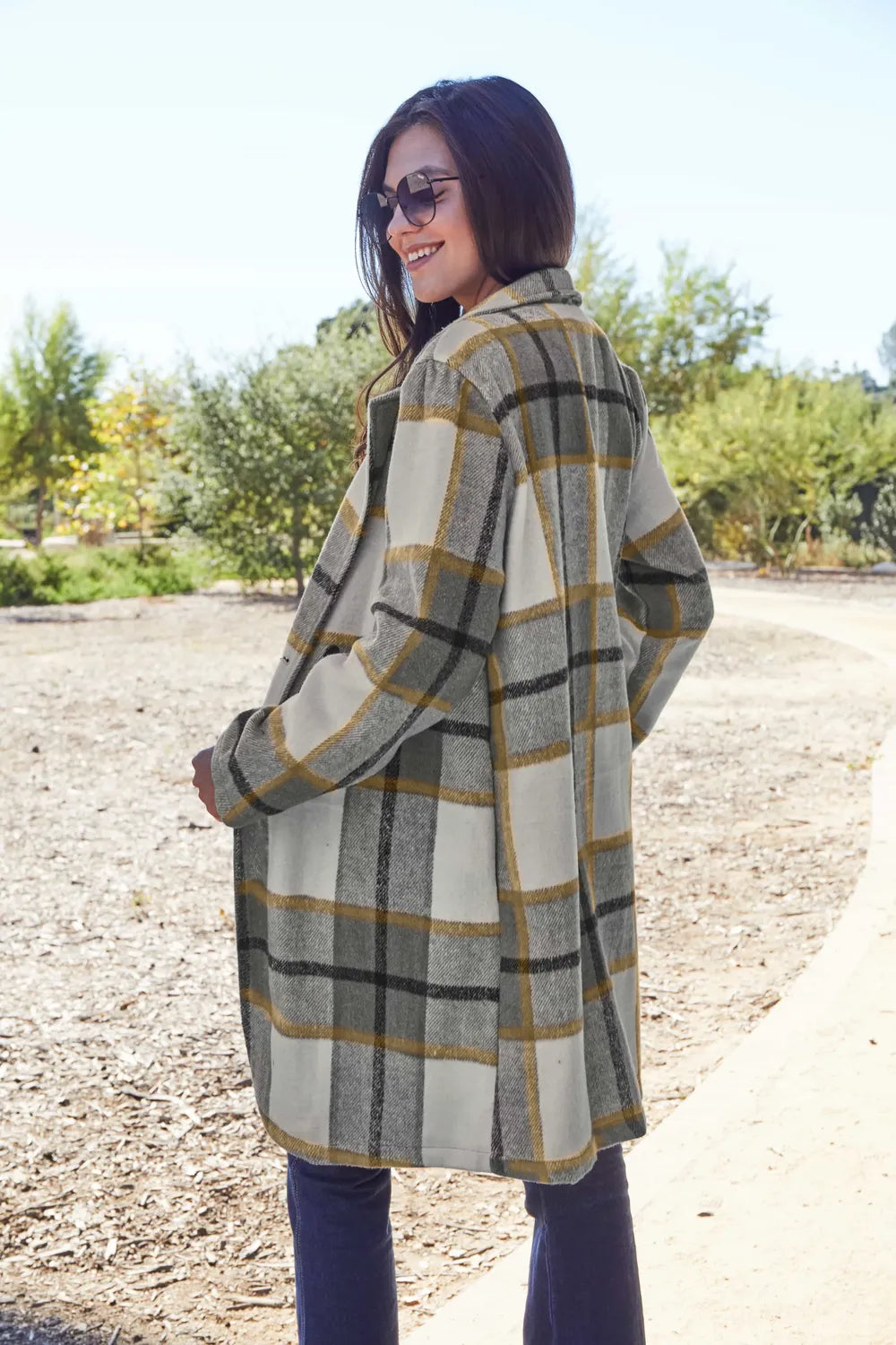Double Take Full Size Plaid Button Up Lapel Collar Coat - LoveNest Treasures