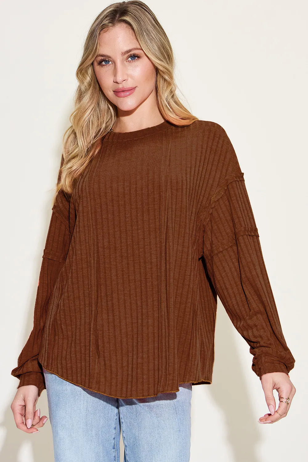 Basic Bae Full Size Ribbed Round Neck Long Sleeve T-Shirt - LoveNest Treasures