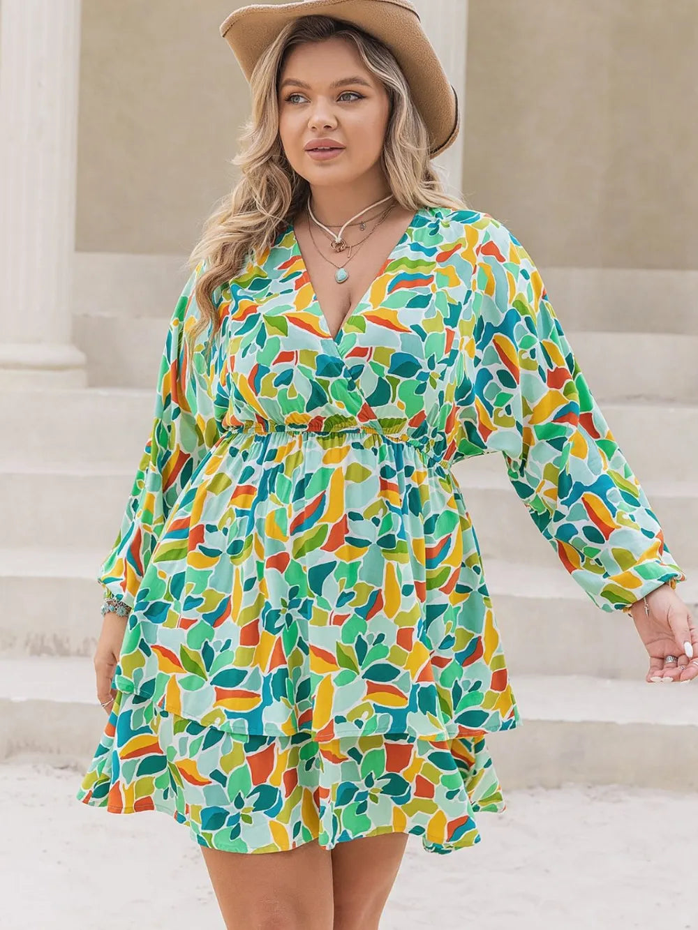 Plus Size Printed Surplice Long Sleeve Mini Dress - LoveNest Treasures