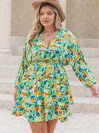 Plus Size Printed Surplice Long Sleeve Mini Dress - LoveNest Treasures