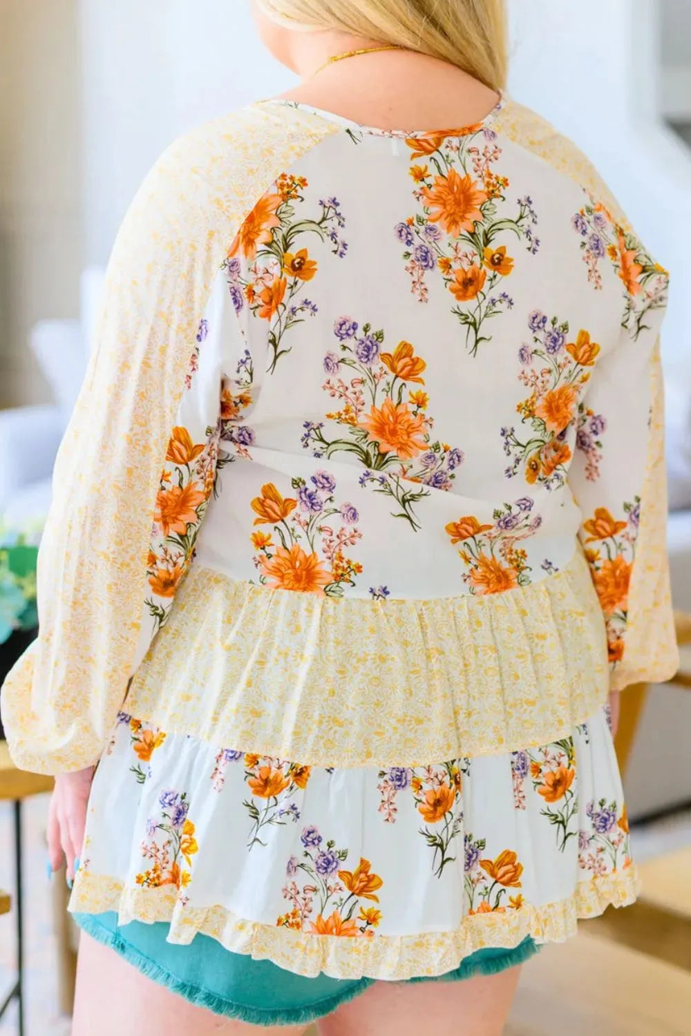 Plus Size Printed Tie Neck Long Sleeve Blouse - LoveNest Treasures