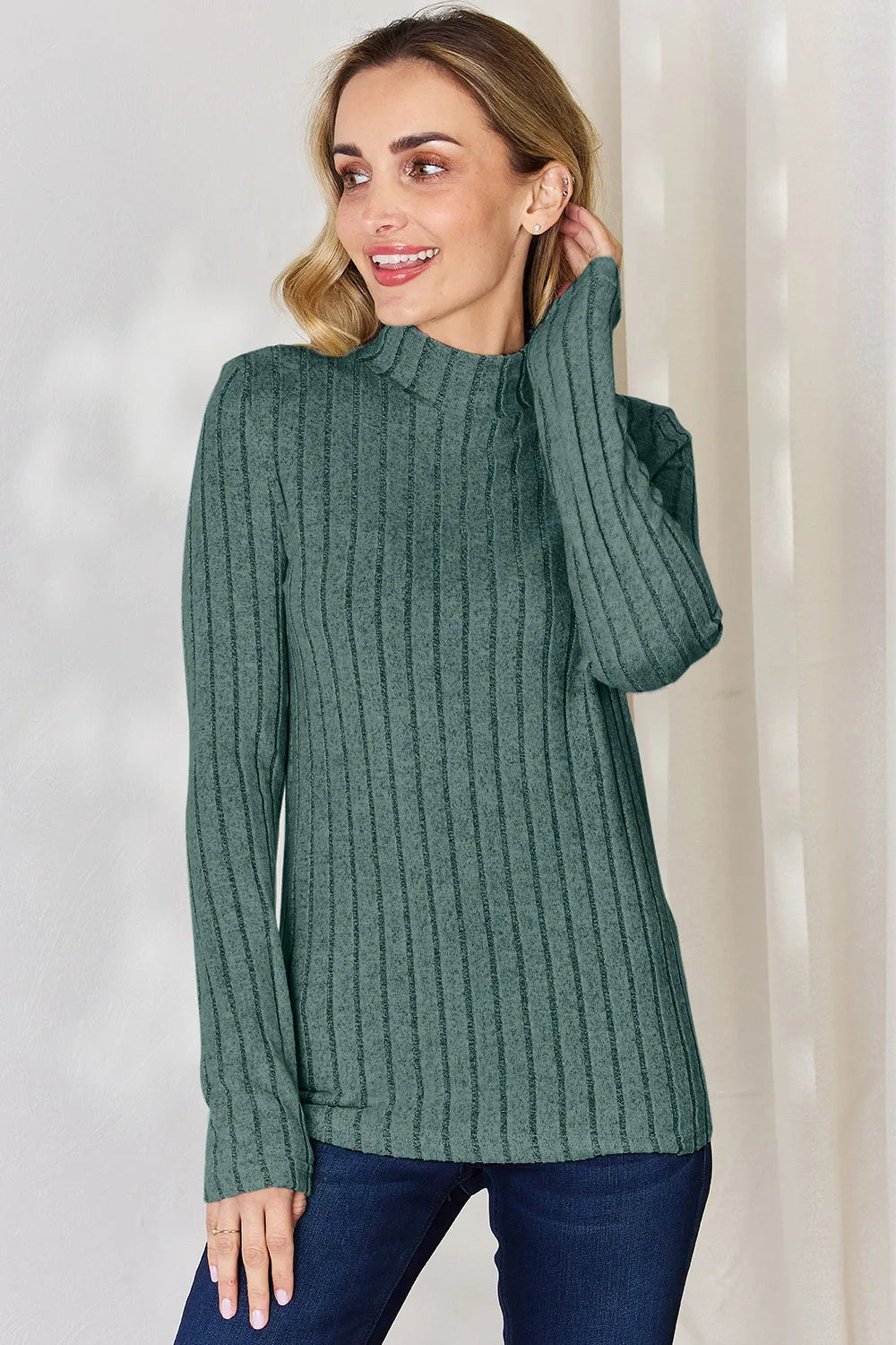 Basic Bae Full Size Ribbed Mock Neck Long Sleeve T-Shirt - LoveNest Treasures