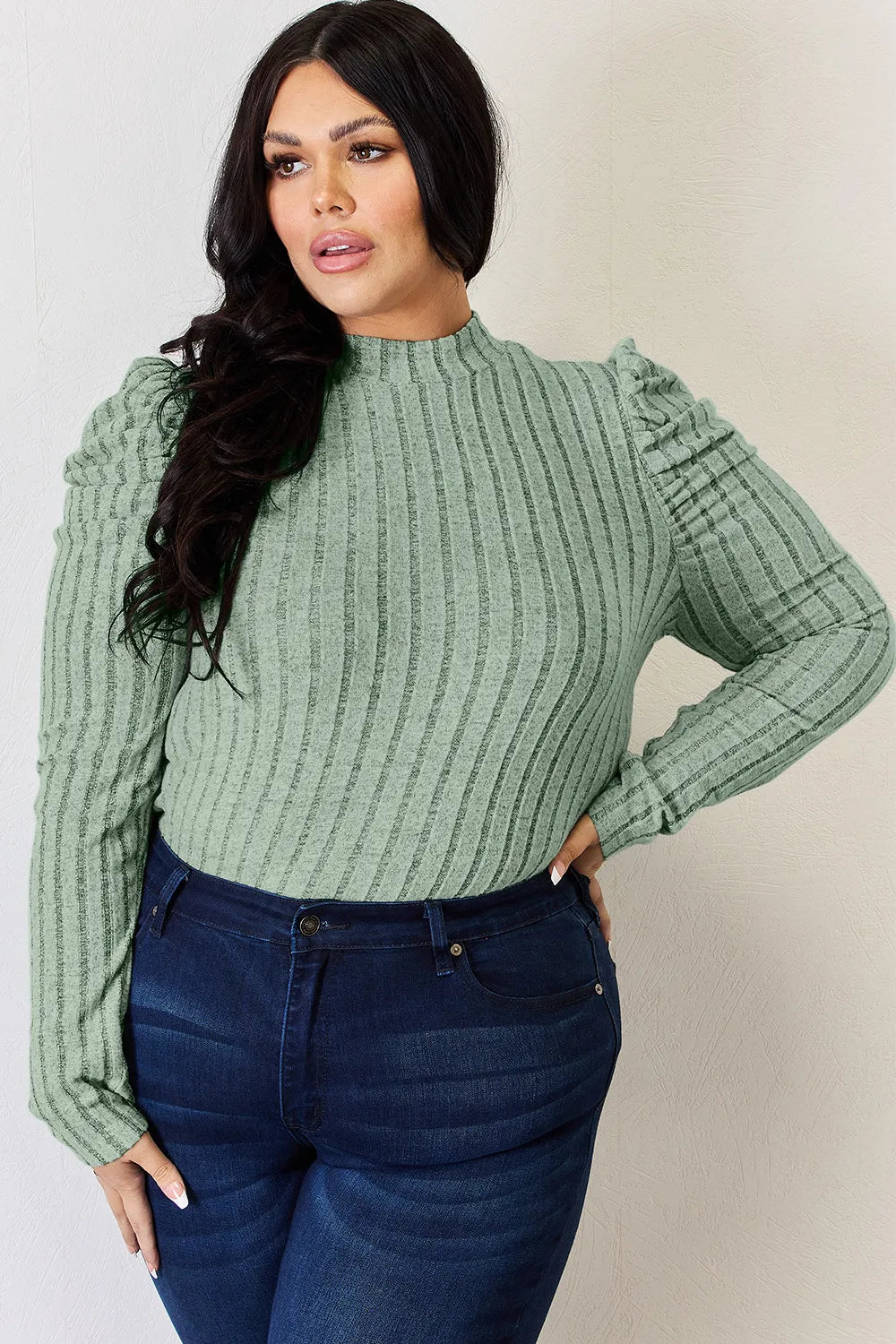 Basic Bae Full Size Ribbed Mock Neck Puff Sleeve T-Shirt - LoveNest Treasures