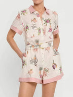Printed Short Sleeve Romper with Belt - LoveNest Treasures