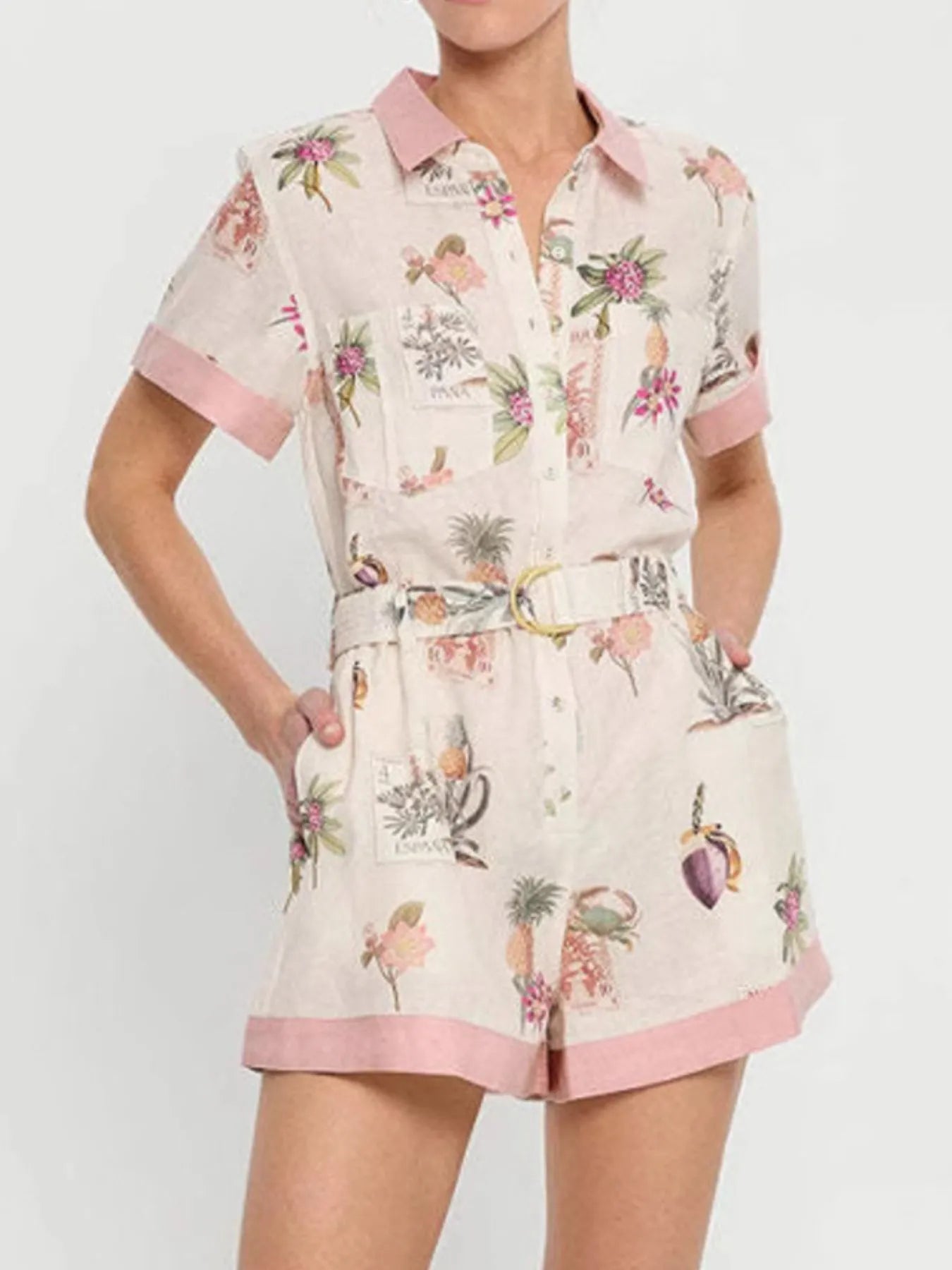Printed Short Sleeve Romper with Belt - LoveNest Treasures