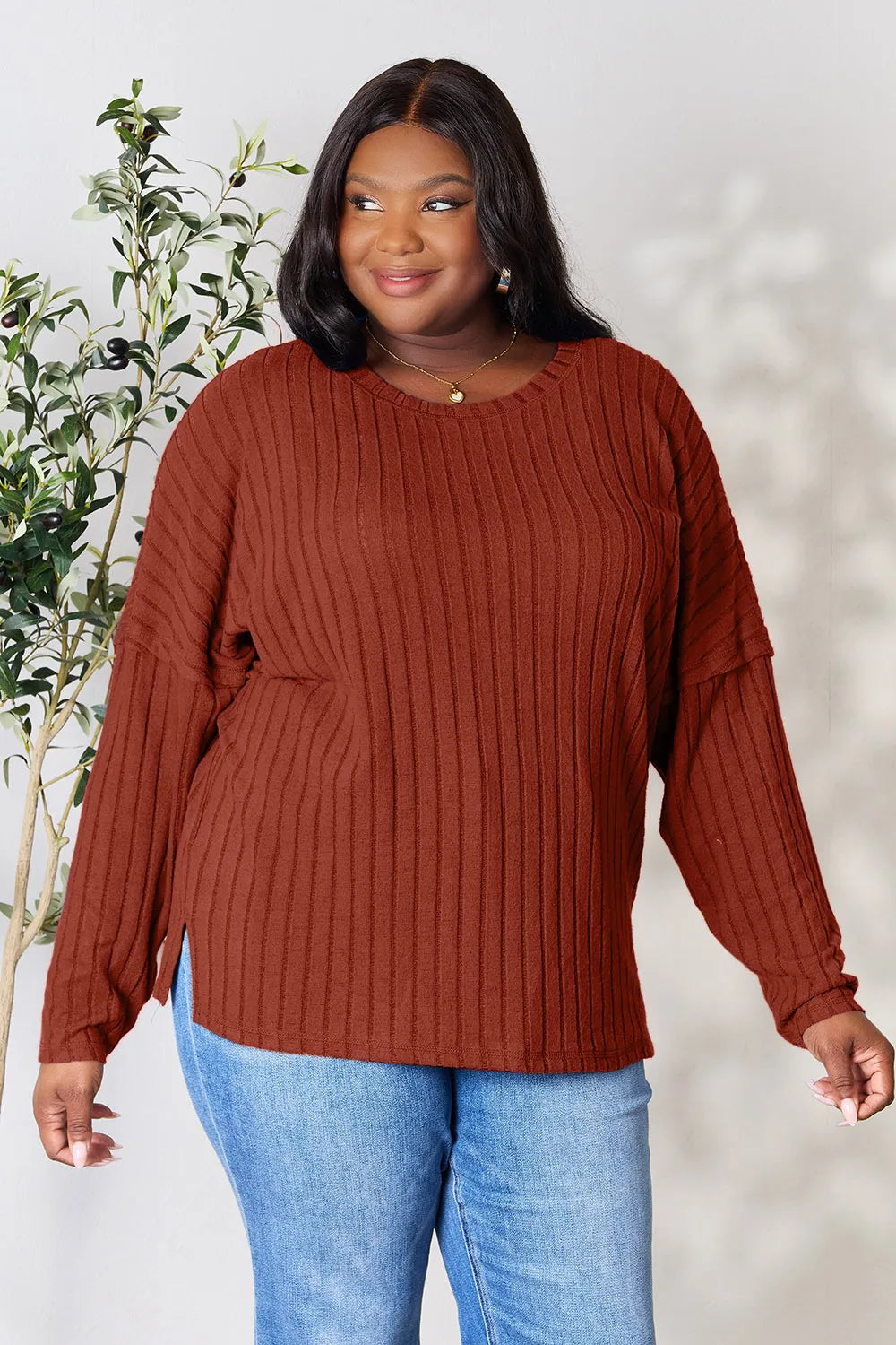 Basic Bae Full Size Ribbed Round Neck Slit Knit Top - LoveNest Treasures
