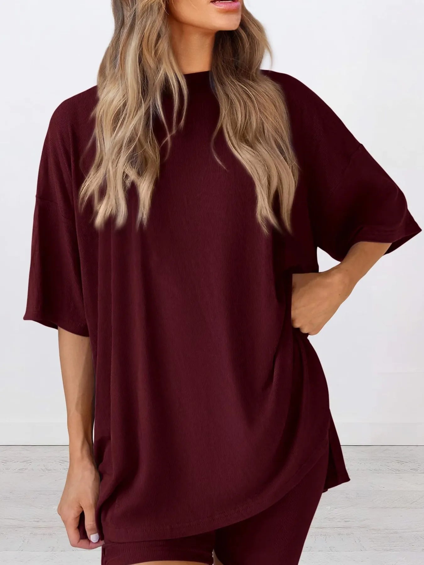 Full Size Oversized Slit Round Neck Top and Shorts Lounge Set Plus Size - LoveNest Treasures