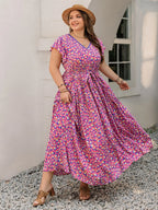 Plus Size Printed V-Neck Flutter Sleeve Tie Waist Maxi Dress - LoveNest Treasures