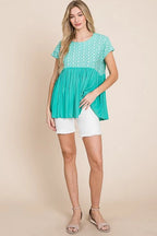 Lime 'N' Chili Full Size Embroidered Short Sleeve Pleated Babydoll Top Plus Size - LoveNest Treasures