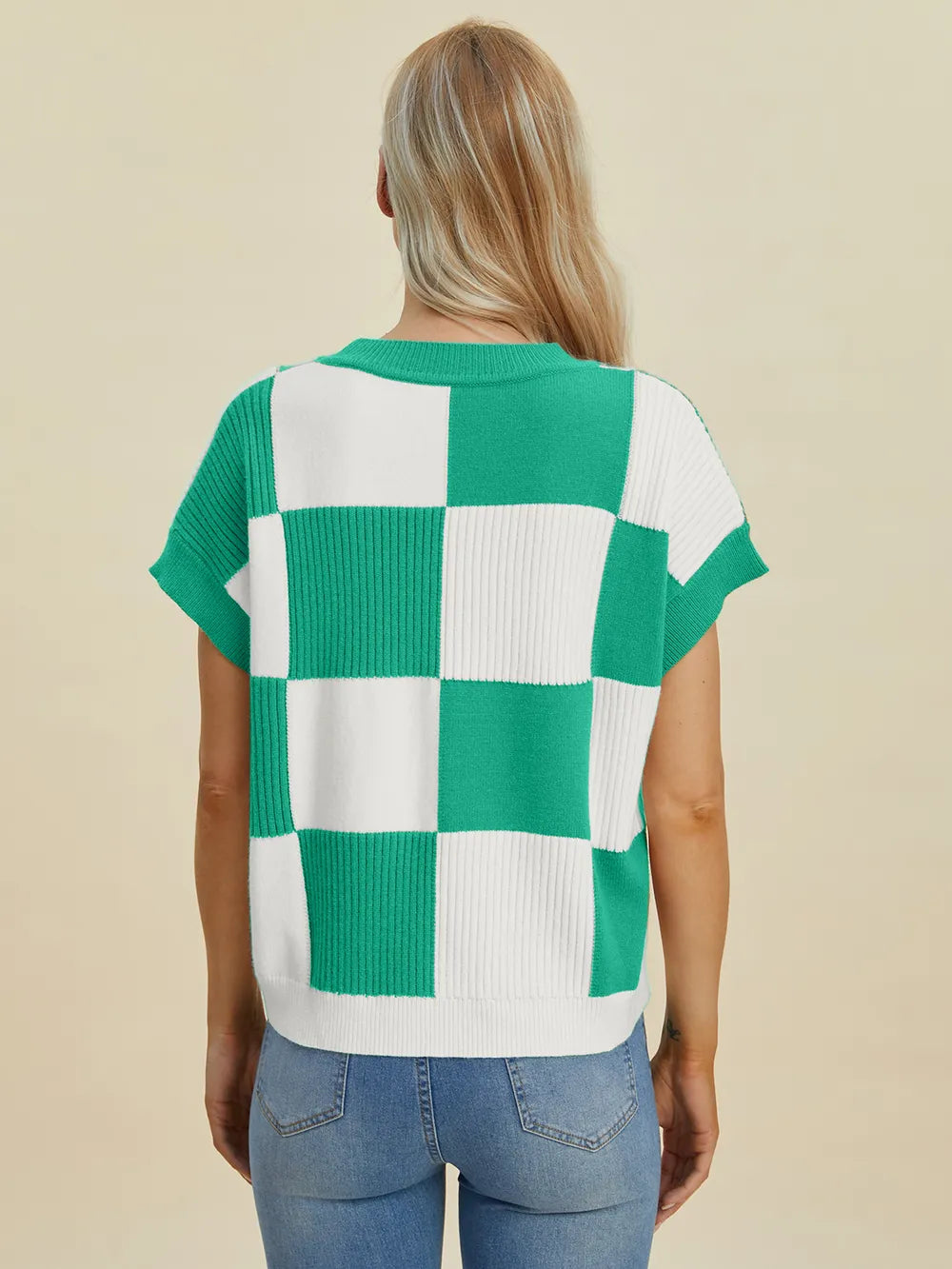 Double Take Full Size Checkered Round Neck Short Sleeve Sweater - LoveNest Treasures