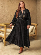 Plus Size Embroidered Polka Dot Notched Long Sleeve Dress - LoveNest Treasures