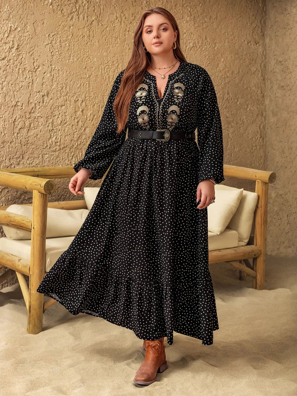 Plus Size Embroidered Polka Dot Notched Long Sleeve Dress - LoveNest Treasures