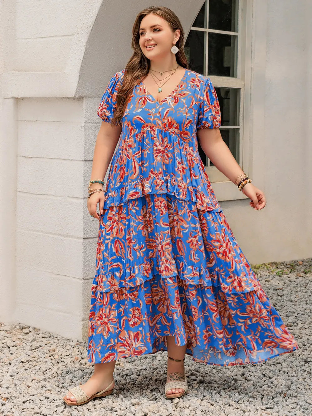 Plus Size Ruffled Printed V-Neck Short Sleeve Maxi Dress - LoveNest Treasures