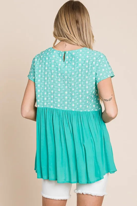 Lime 'N' Chili Full Size Embroidered Short Sleeve Pleated Babydoll Top Plus Size - LoveNest Treasures