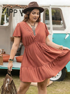 Plus Size Ruffle Hem V-Neck Short Sleeve Dress - LoveNest Treasures