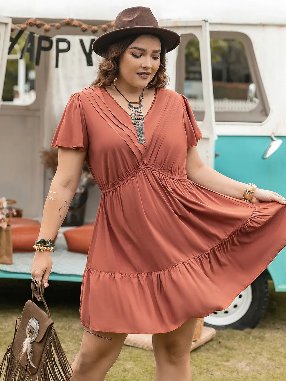 Plus Size Ruffle Hem V-Neck Short Sleeve Dress - LoveNest Treasures
