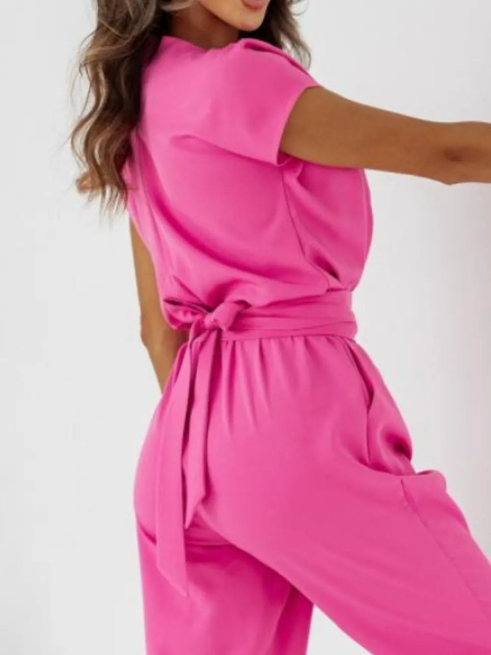 Surplice Cap Sleeve Tie Waist Jumpsuit - LoveNest Treasures