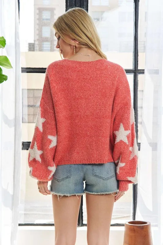 ADORA Full Size Star Contrast Round Neck Sweater Plus Size - LoveNest Treasures