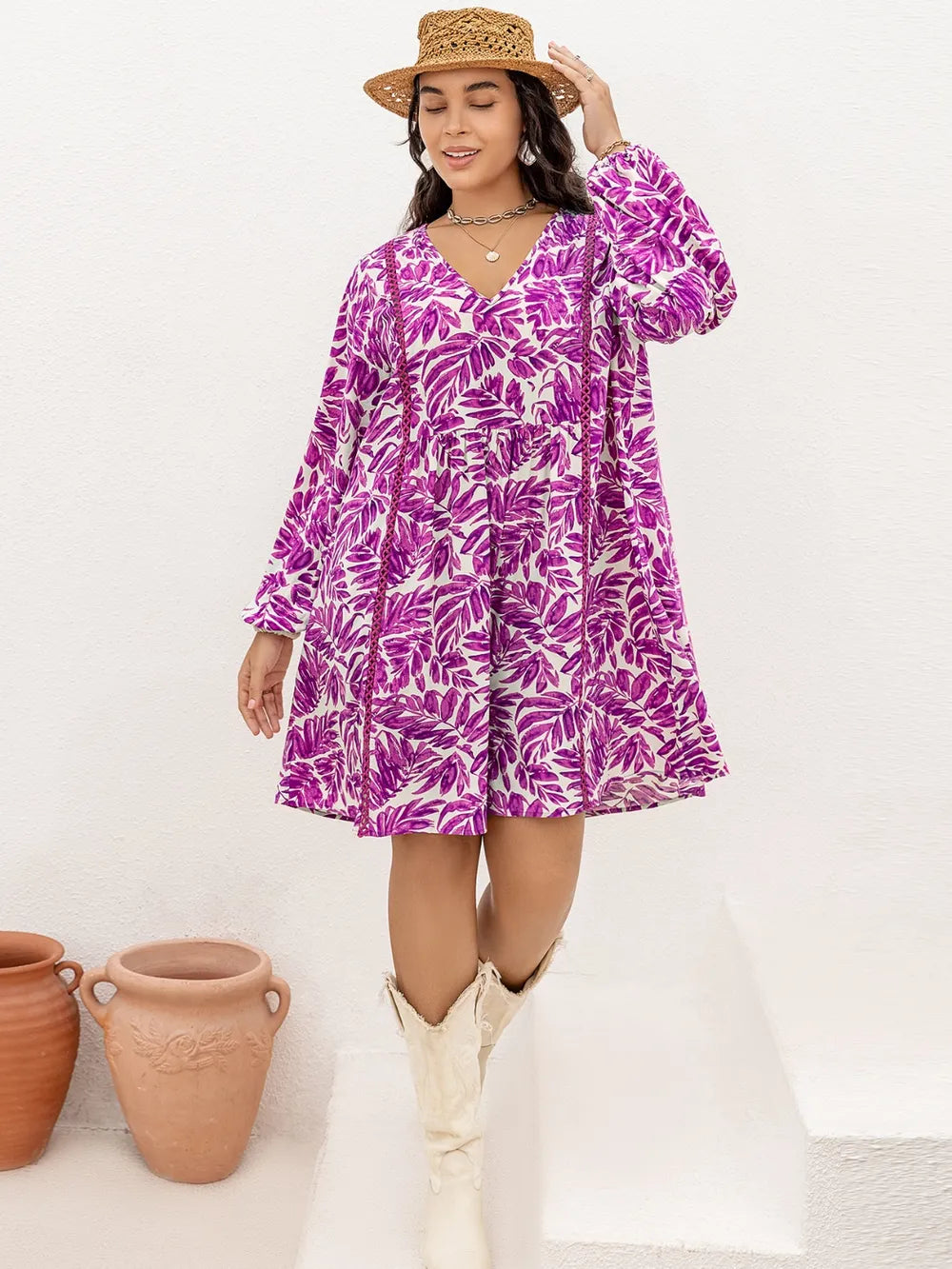 Plus Size Printed V-Neck Balloon Sleeve Mini Dress - LoveNest Treasures