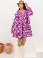 Plus Size Printed V-Neck Balloon Sleeve Mini Dress - LoveNest Treasures