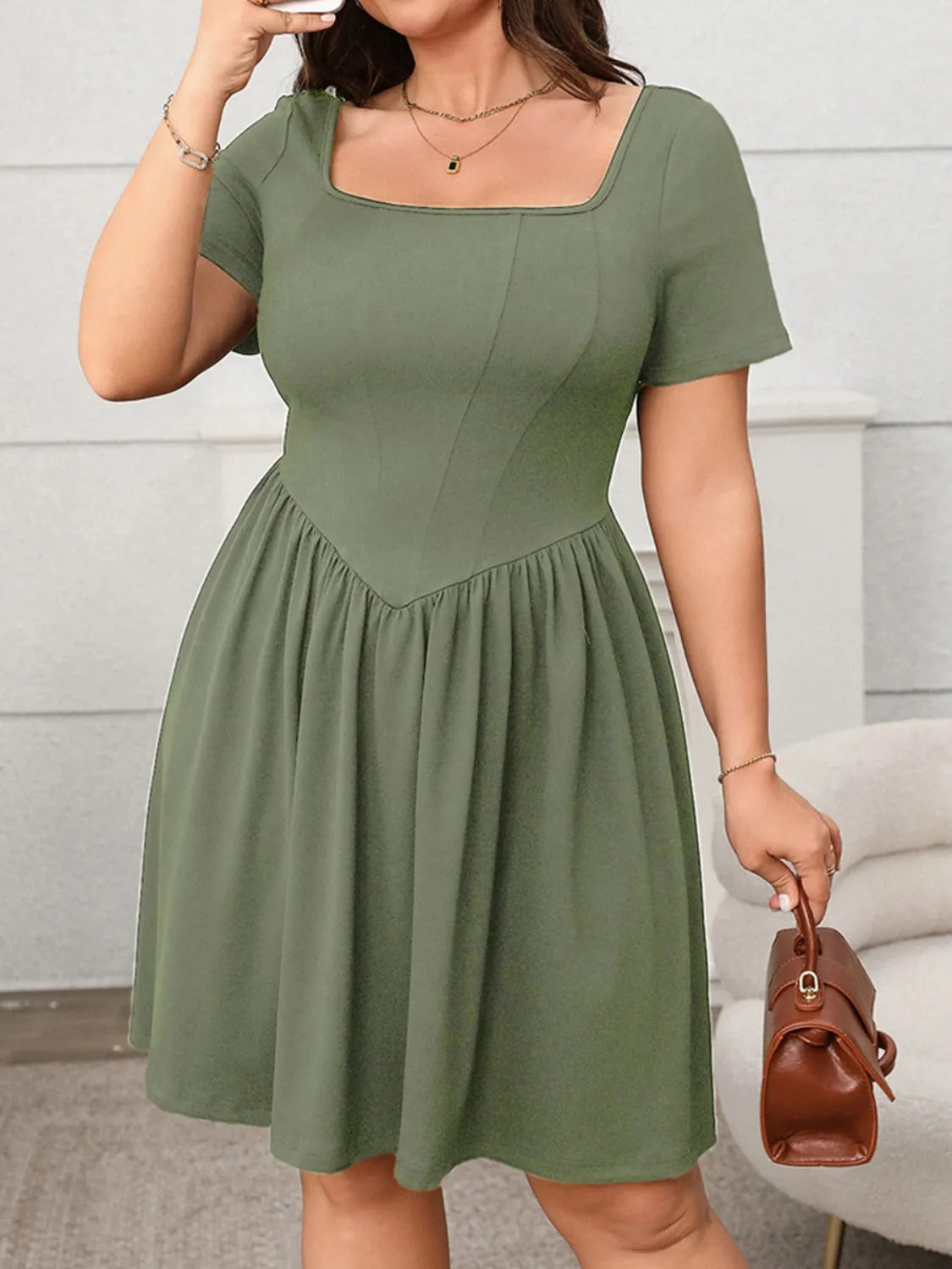 Plus Size Square Neck Short Sleeve Mini Dress - LoveNest Treasures