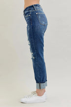 Judy Blue Full Size Mid Rise Cuffed Destroy Bf Jeans Plus Size - LoveNest Treasures