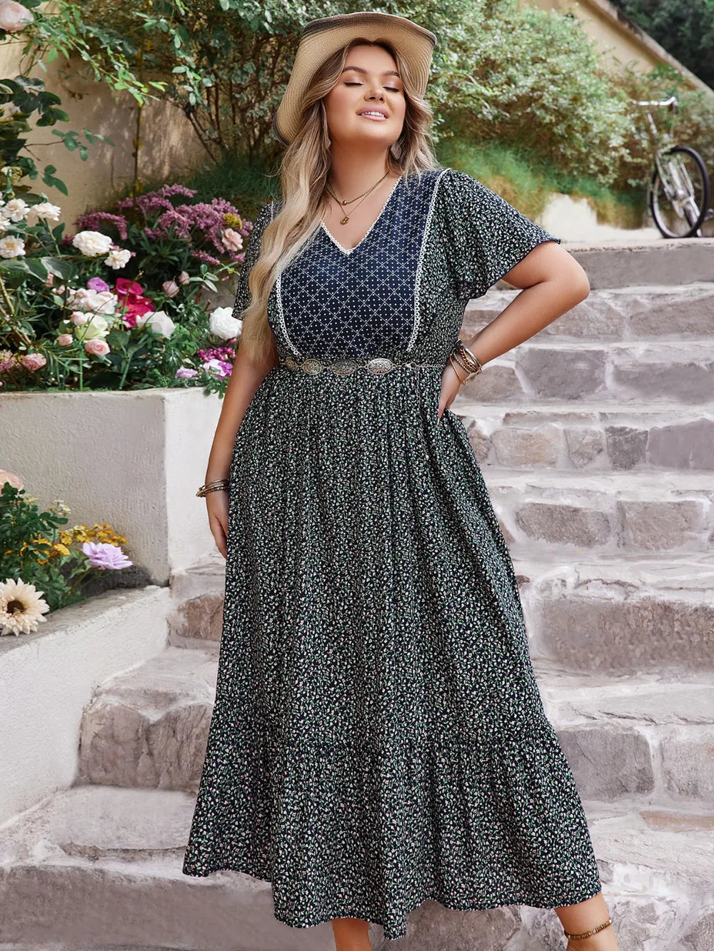 Plus Size Printed V-Neck Flutter Sleeve Midi Dress - LoveNest Treasures