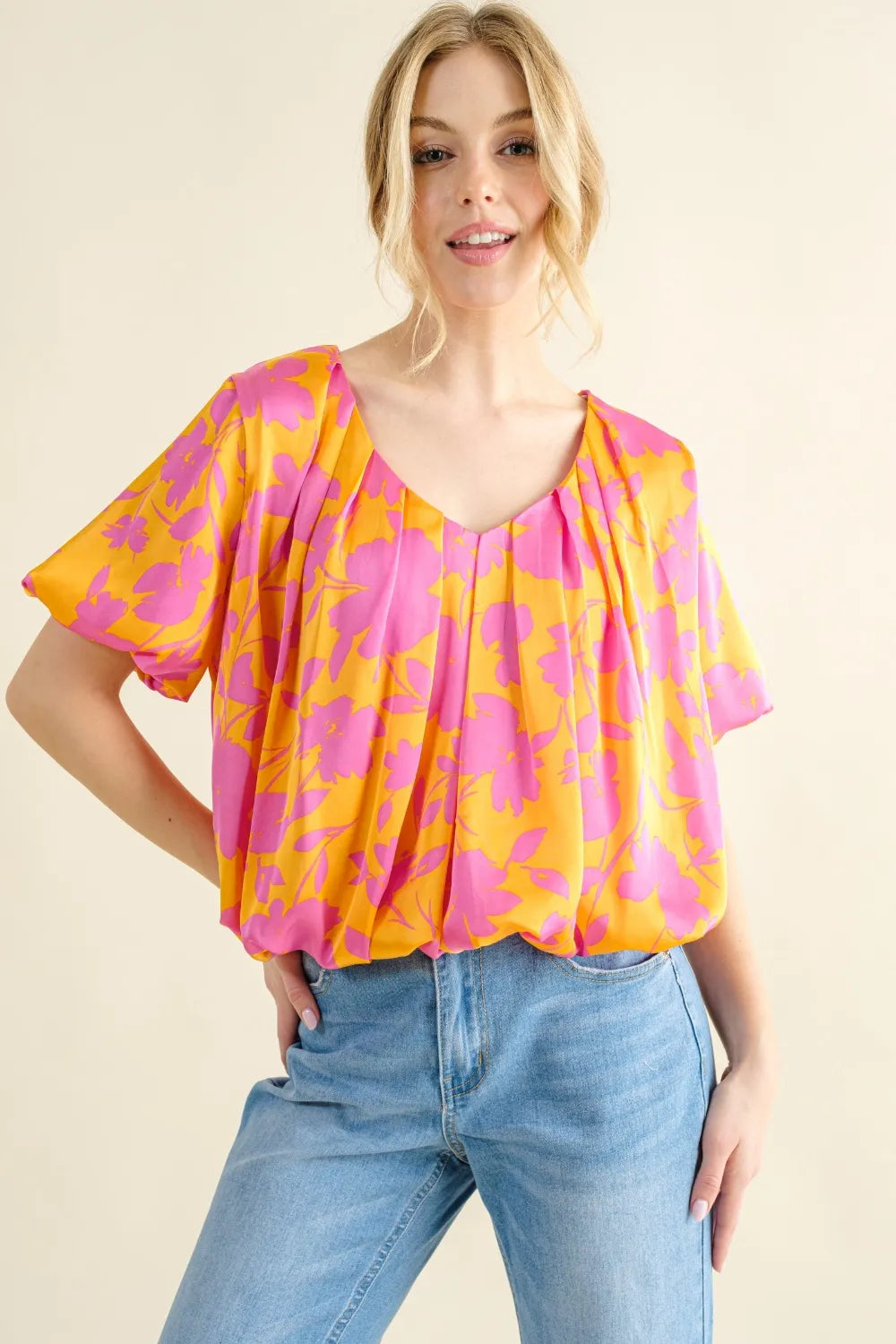 And The Why Full Size Printed Satin Bubble Hem Top - LoveNest Treasures
