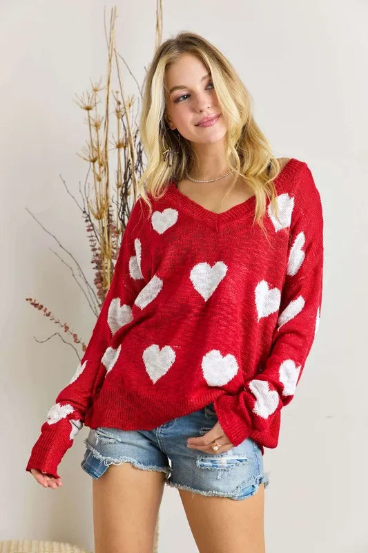 ADORA Full Size Heart V-Neck Knit Top Plus Size - LoveNest Treasures