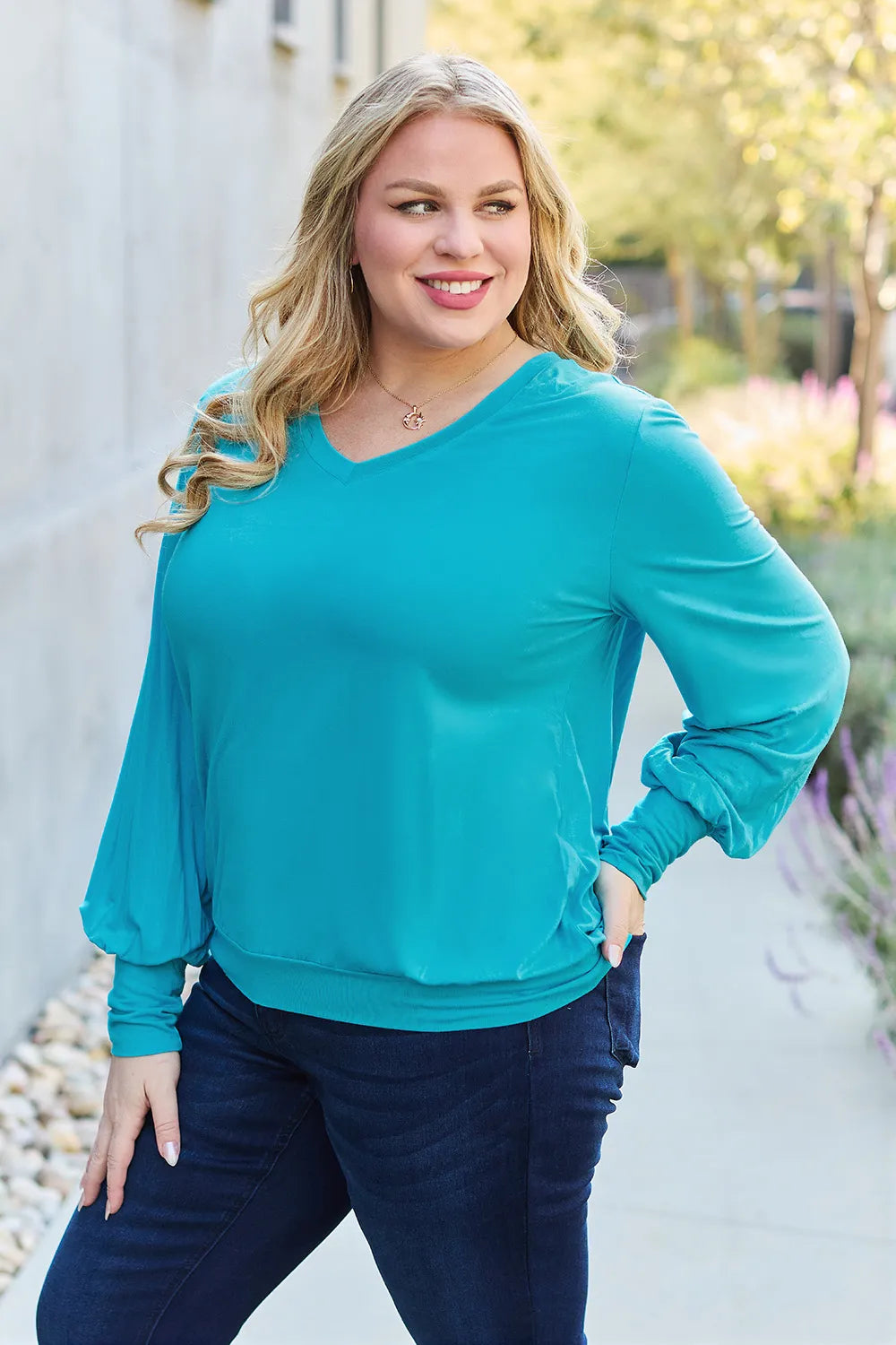 Basic Bae Full Size V-Neck Lantern Sleeve Top - LoveNest Treasures