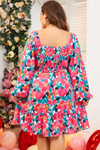 Plus Size Smocked Floral Square Neck Balloon Sleeve Dress - LoveNest Treasures