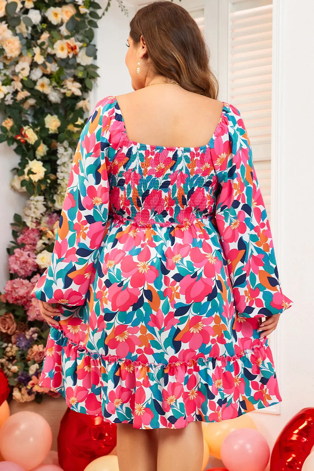 Plus Size Smocked Floral Square Neck Balloon Sleeve Dress - LoveNest Treasures