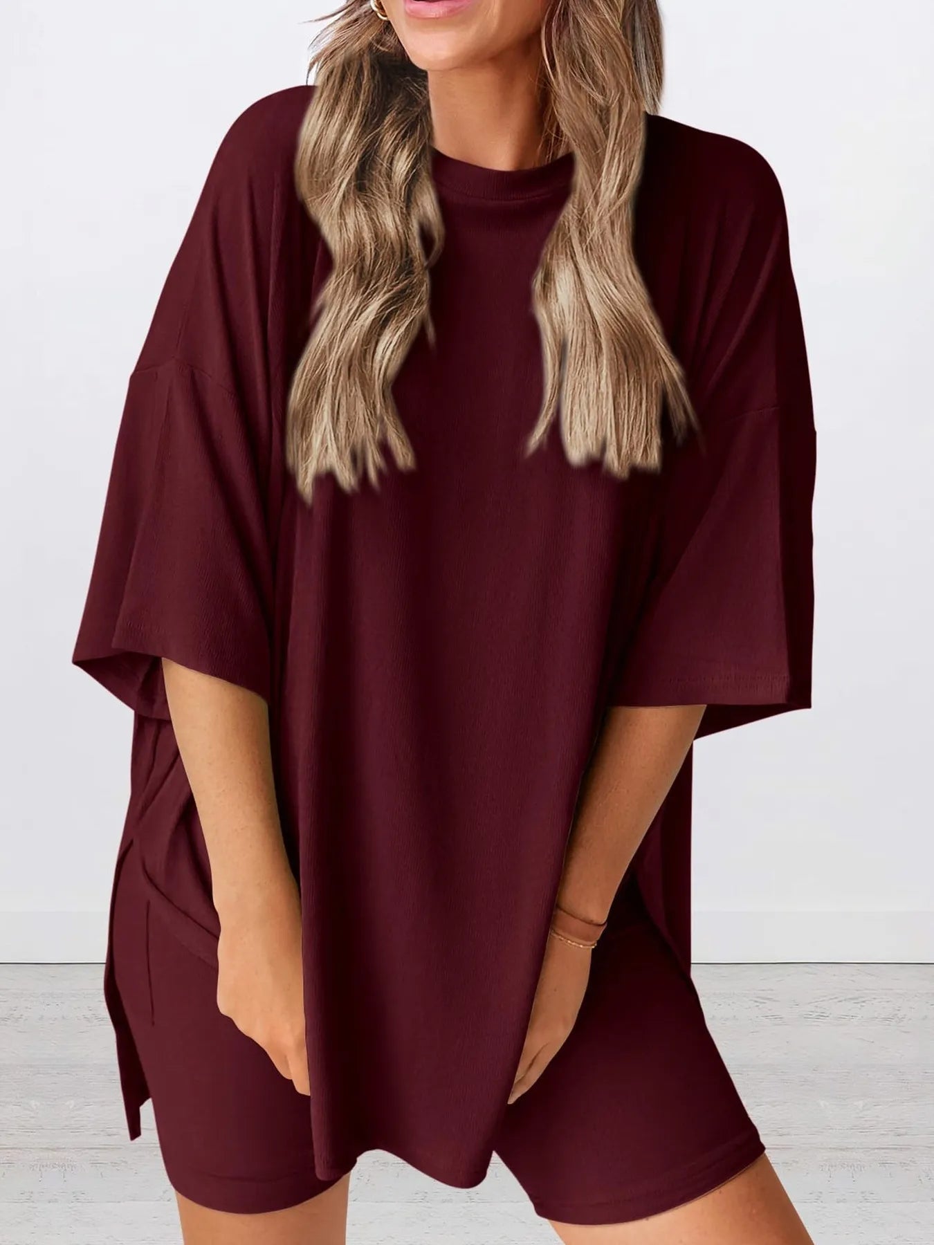 Full Size Oversized Slit Round Neck Top and Shorts Lounge Set Plus Size - LoveNest Treasures