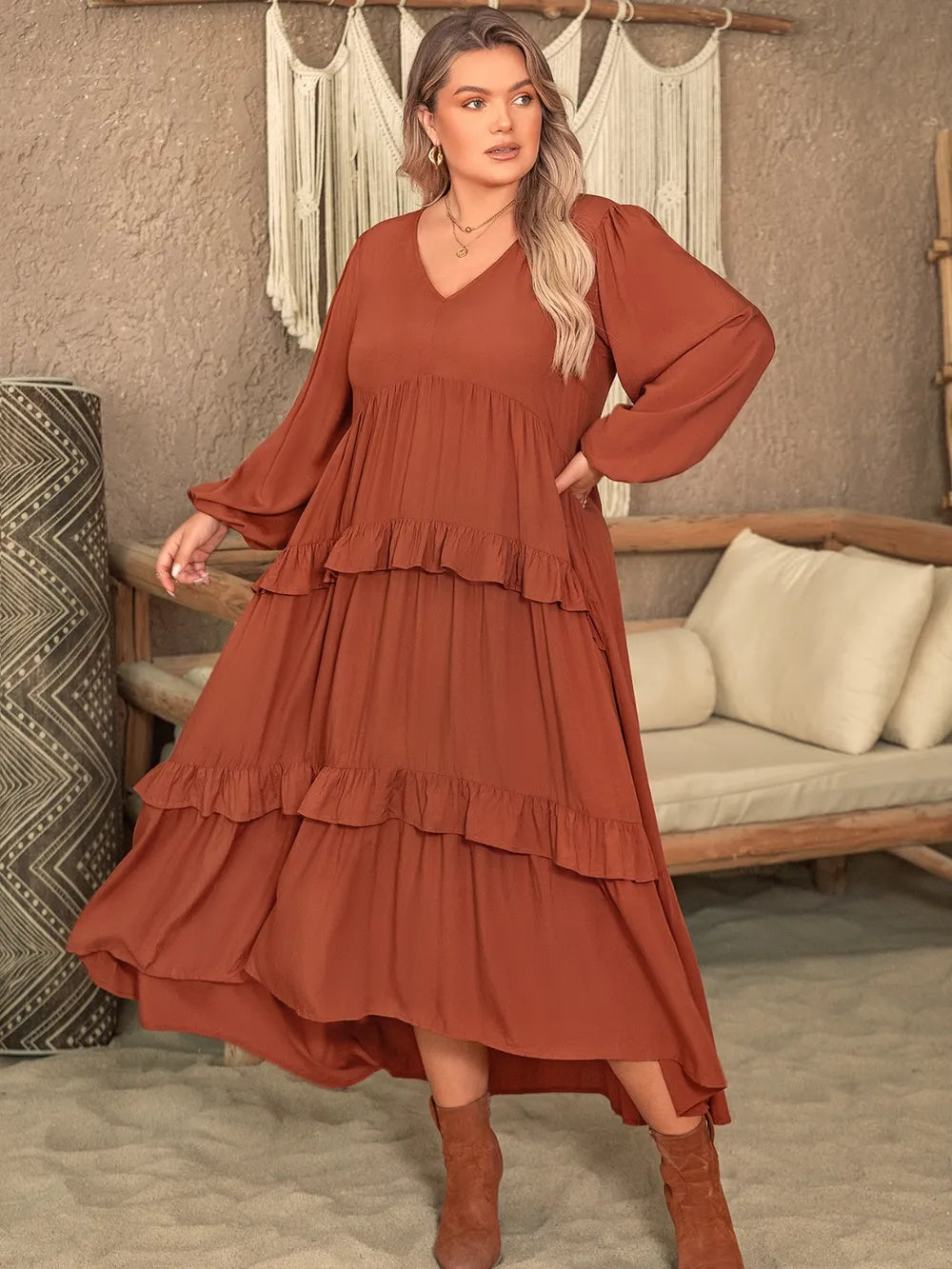 Plus Size Ruffled V-Neck Balloon Sleeve Dress - LoveNest Treasures